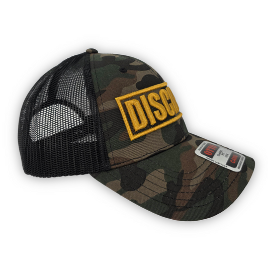 Disciple Camo Trucker Hat | Gold 3D Puff Embroidery | Christian Hat | Based Faith