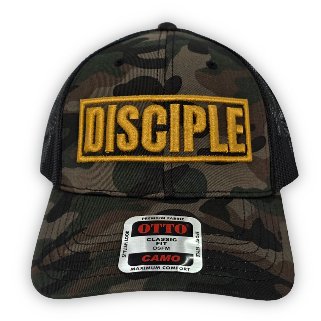 Camouflage cap with 'DISCIPLE' logo on a white background