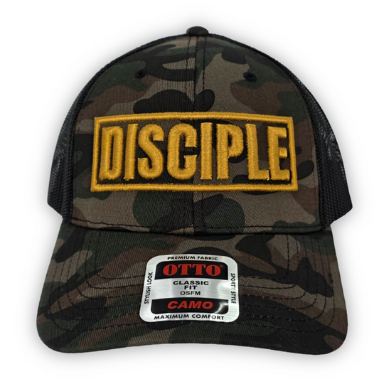 Camouflage cap with 'DISCIPLE' logo on a white background
