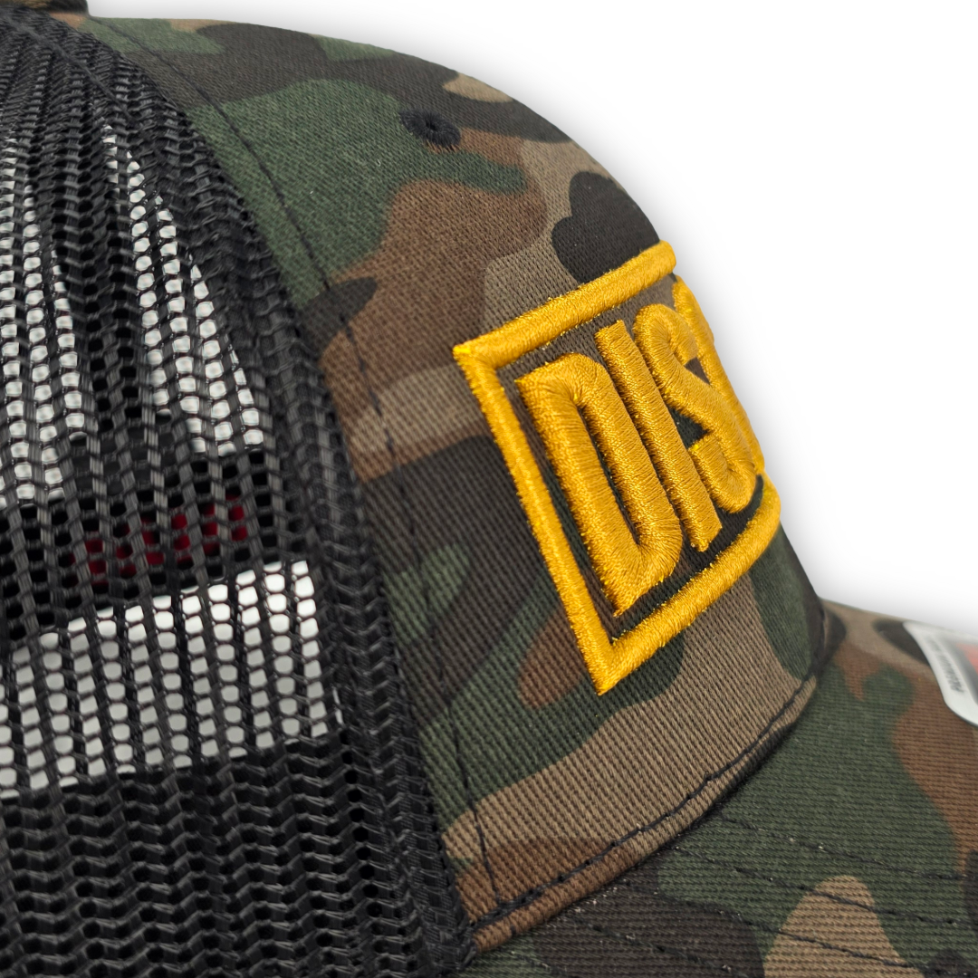 Disciple Camo Trucker Hat | Gold 3D Puff Embroidery | Christian Hat | Based Faith
