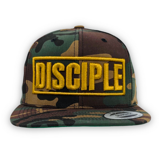 Camouflage cap with 'DISCIPLE' logo on a white background